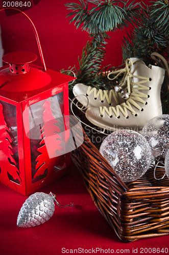 Image of Christmas decoration with presents  and balloons