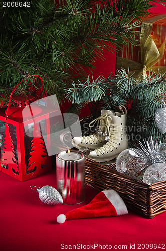 Image of Christmas decoration with presents  and balloons