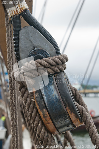 Image of Close-up shot of rope. Taken at a shipyard. 