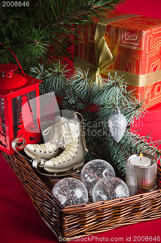 Image of Christmas decoration with presents  and balloons