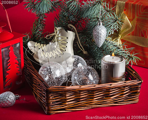 Image of Christmas decoration with presents  and balloons