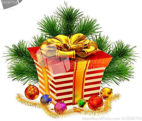 Image of Christmas tree toys and gift with golden bow