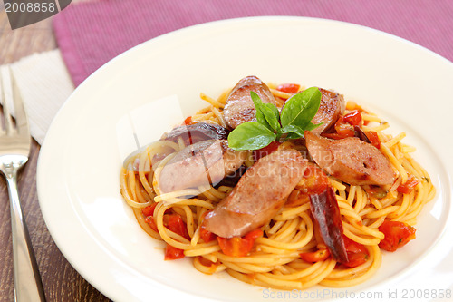 Image of Spaghetti with sausage and tomato