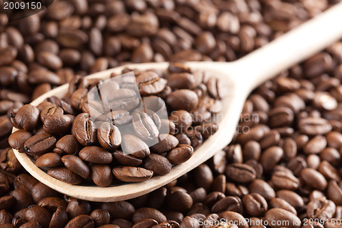 Image of coffee beans on wooden spoon