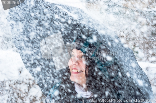 Image of Girl with umbrella in the snow