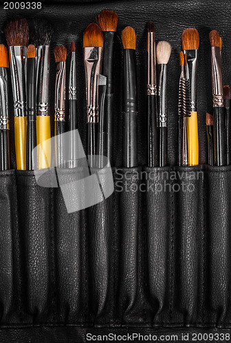 Image of Closeup of makeup brushes in dark leather