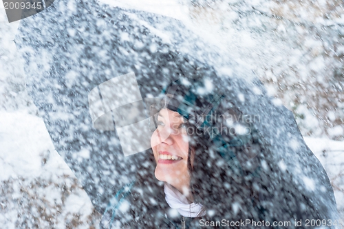 Image of Girl with umbrella in the snow