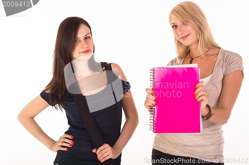 Image of Two beautiful student girls getting ready for school