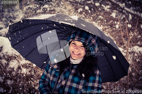 Image of Girl with umbrella in the snow