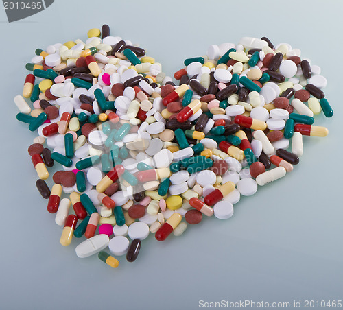 Image of various pills in a shape of heart