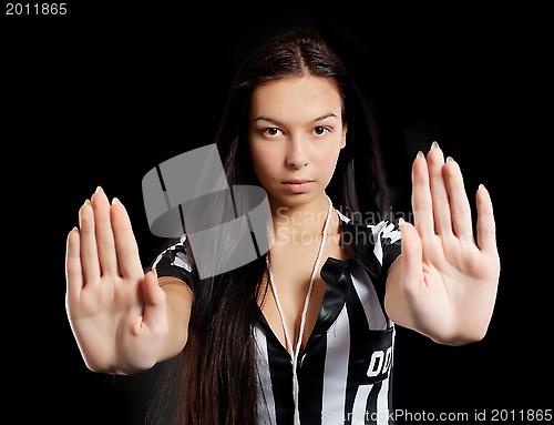 Image of Football referee showing stop gesture