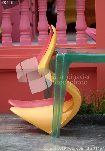 Image of Two plastic chairs and a table