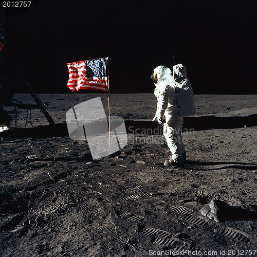 Image of Buzz Aldrin and the U.S. flag on the Moon July 20 1969