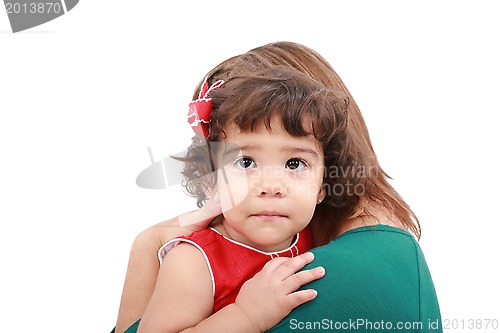 Image of Portrait of a mother hugging her daughter, isolated over white 