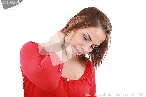 Image of Sick young woman. neck pain 