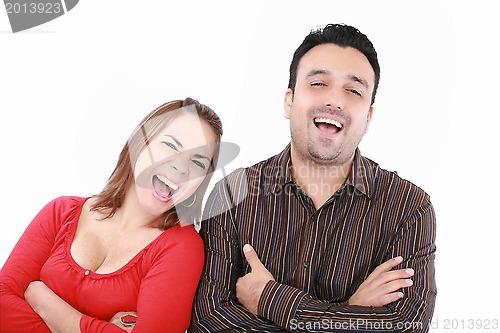 Image of Portrait of an excited young couple on white background