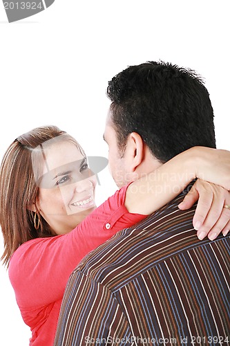 Image of Portrait of happy couple embracing with love