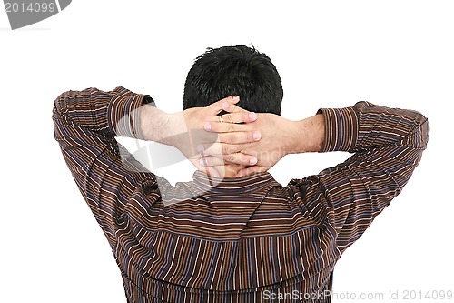 Image of View of back businessman with his hand on the head 