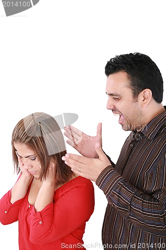 Image of Portrait of a young woman gets earful from an annoyed man agains