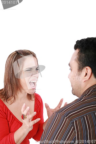 Image of Young couple in conflict shouting isolated on white background. 