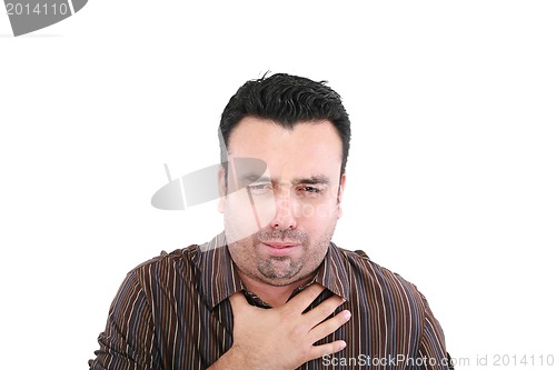 Image of young ill man coughing isolated over white background