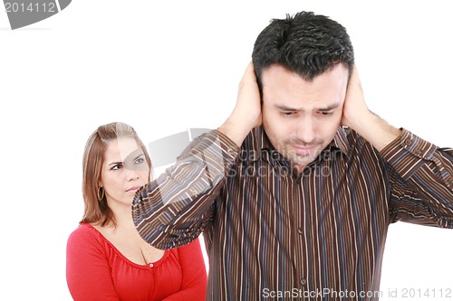 Image of Young man and woman angry and conflicting. Focus on woman