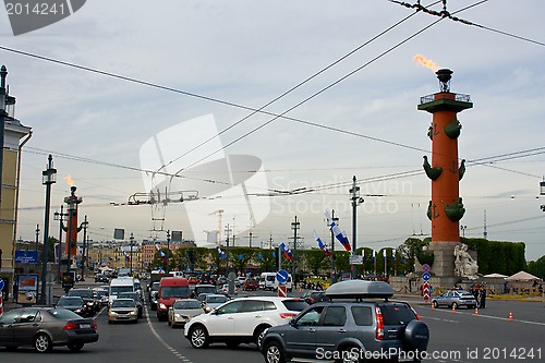 Image of Rostral columns in the stock area. St. Petersburg. Russia.