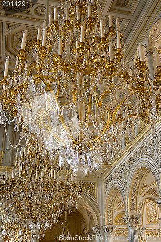 Image of A beautiful crystal chandelier in the imperial palace. St. Petersburg. Russia