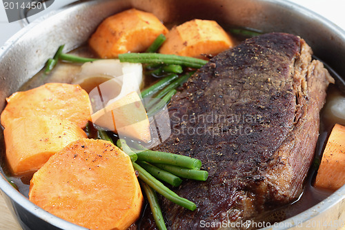 Image of Pot roast with sweet potato side view