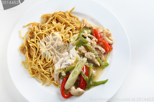 Image of Shredded chicken noodles high angle