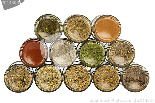 Image of colorful powder spices in glass bottle