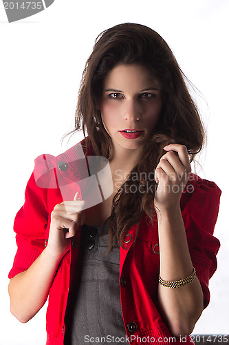 Image of Pretty young woman with red jacket