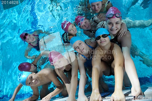 Image of happy children group  at swimming pool