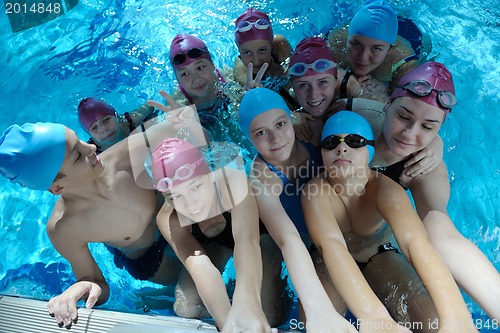 Image of happy children group  at swimming pool
