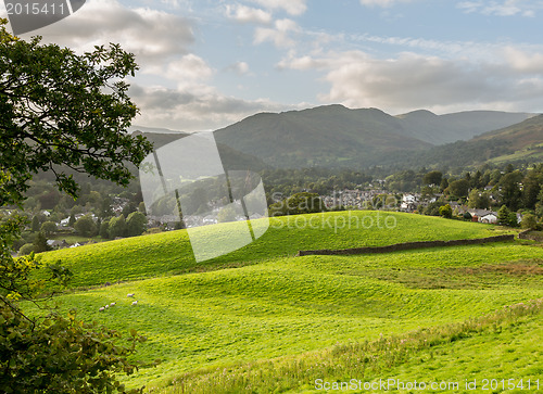 Image of View over fields to Ambleside Lake District