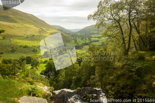 Image of View down valley from top of Pistyll Rhaeadr waterfall near Llan