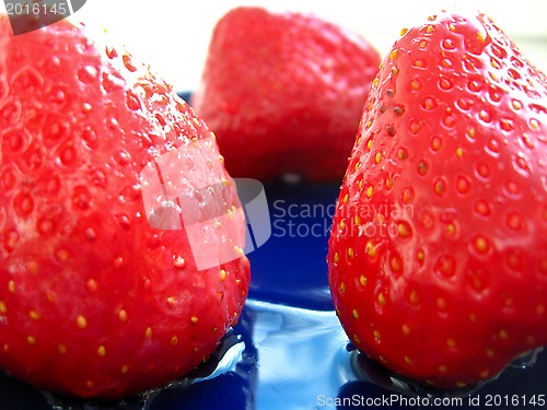 Image of The berries of strawberries on blue saucer