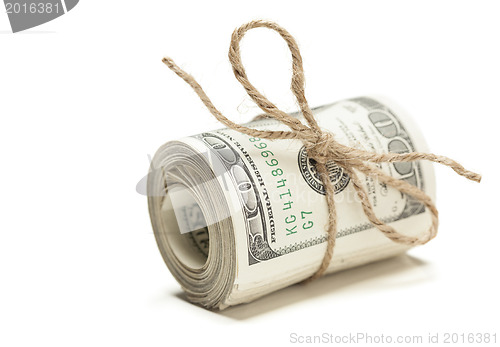 Image of Roll of One Hundred Dollar Bills Tied in Burlap String on White