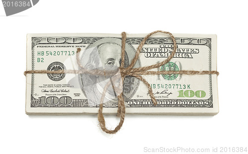 Image of Stack of One Hundred Dollar Bills Tied in a Burlap String on Whi