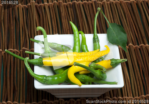 Image of Small thin green chili peppers
