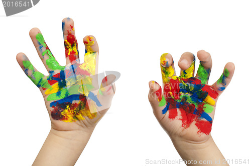 Image of Boy hands painted with colorful paint