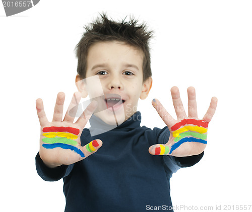 Image of Boy hands painted with colorful paint