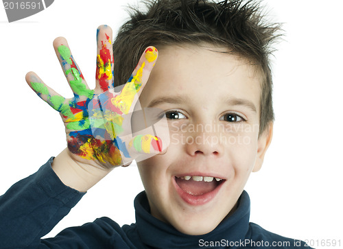 Image of Boy hands painted with colorful paint