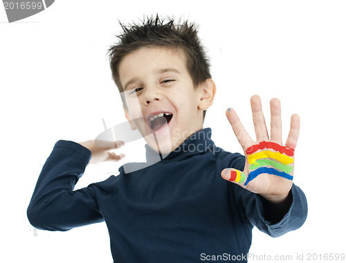 Image of Boy hands painted with colorful paint