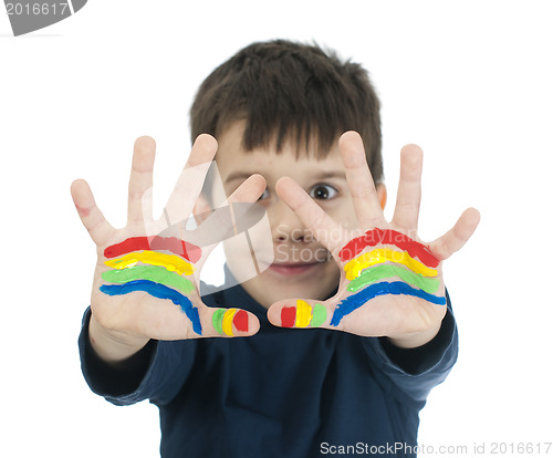 Image of Boy hands painted with colorful paint