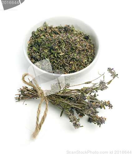 Image of Dried thyme in a bowl and thyme twigs