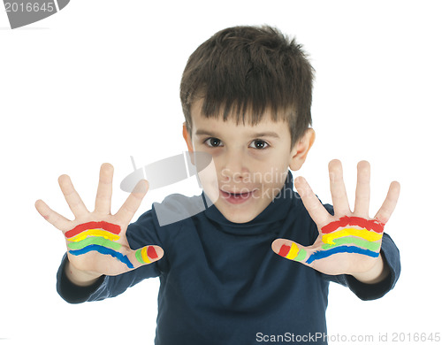 Image of Boy hands painted with colorful paint