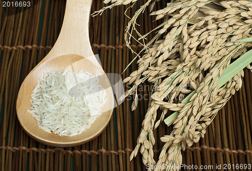 Image of Basmati rice in wooden spoon