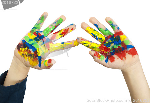 Image of Boy hands painted with colorful paint