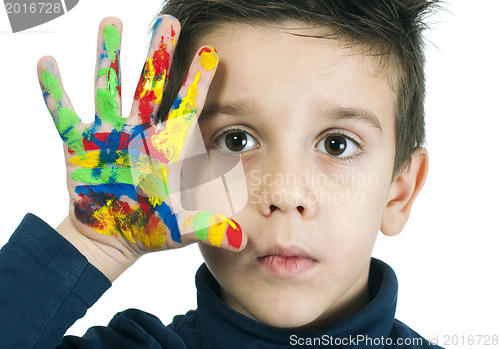 Image of Boy hand painted with colorful paint